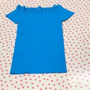 Off the shoulder cap sleeve tee with lace trim, one size fits most, blue